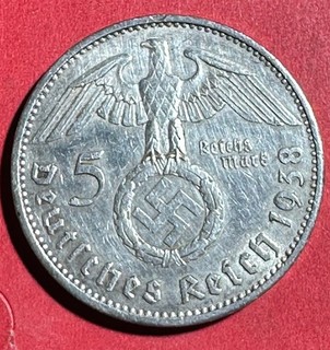 1938A Germany Third Reich Swastika World War 2! SILVER 5 Mark! XF Details!