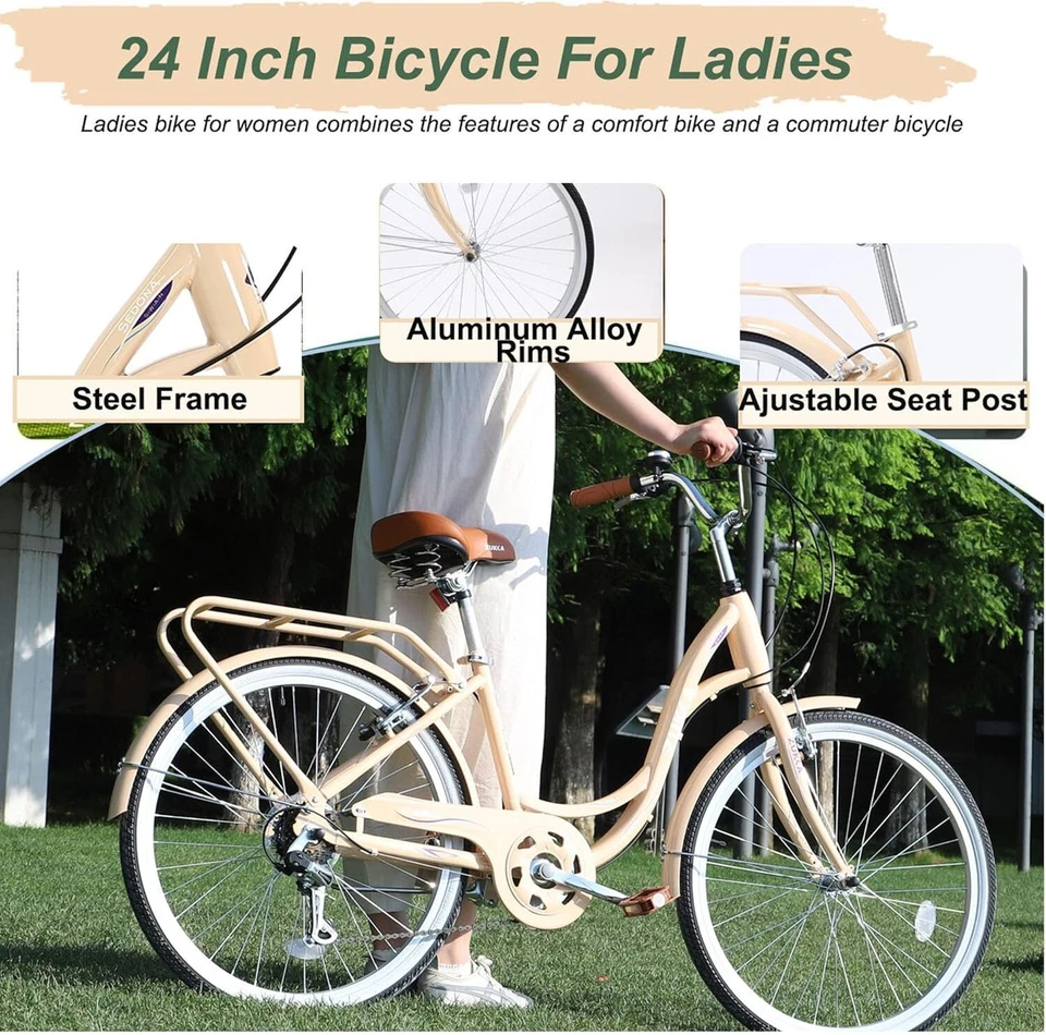 Bicicleta Beach Cruiser para Mujer 24 Pulgadas Damas Bicicleta 7 Velocidades con Asiento Ajustable Foto 3 de 4