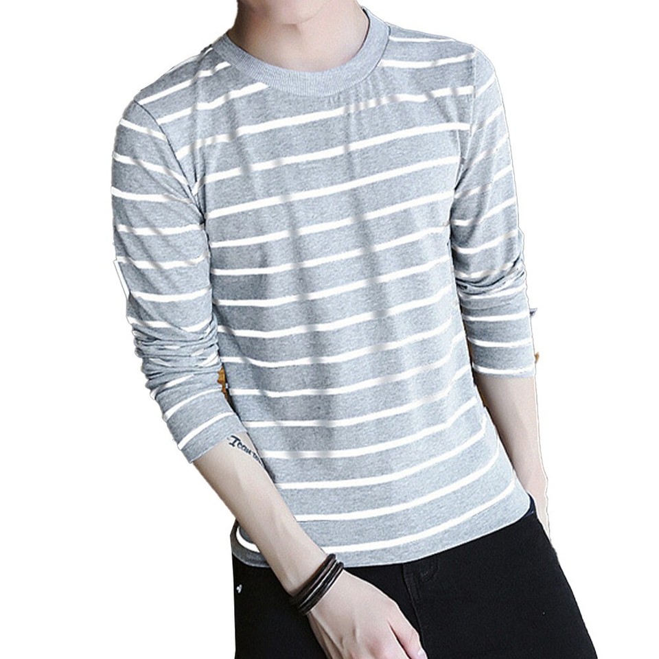 Men's Casual Striped Long Sleeve T Shirt Crew Neck Undershirt Tops Gray