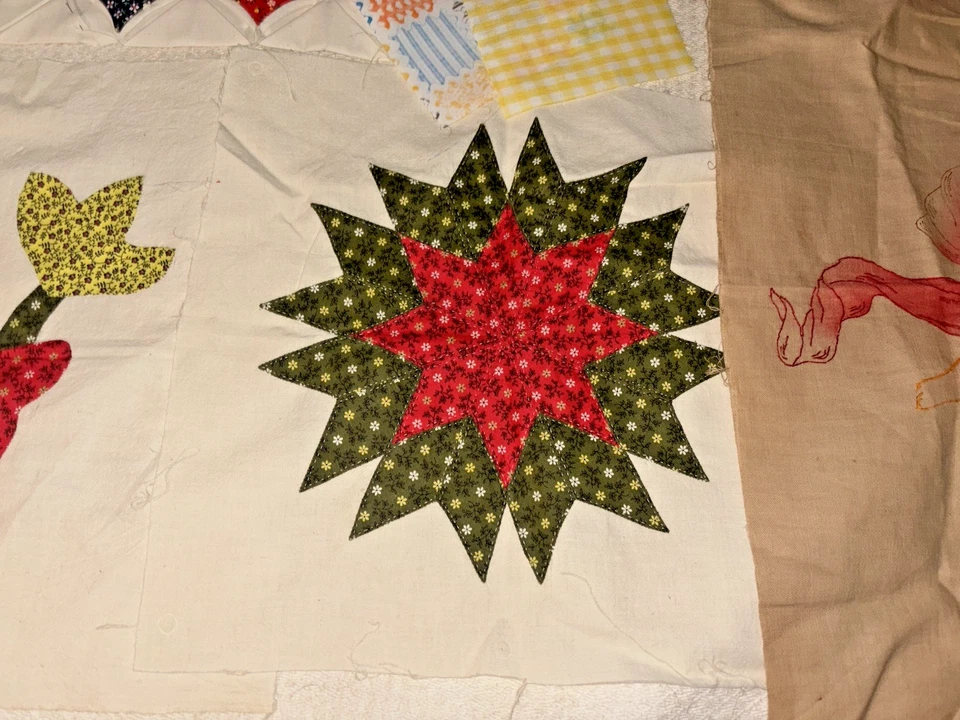 Antique Handmade Quilt Top Pieces & Material (Tulip, Star & Flower, Etc...) - Image 4 of 4