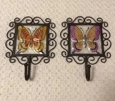 Lot of 2 Painted Glass Butterfly Wall Hooks Brown Metal Scroll Fairy Grandma