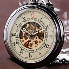 Black Automatic Mechanical Pocket Watches with Chain Roman Numerals Dial for Men