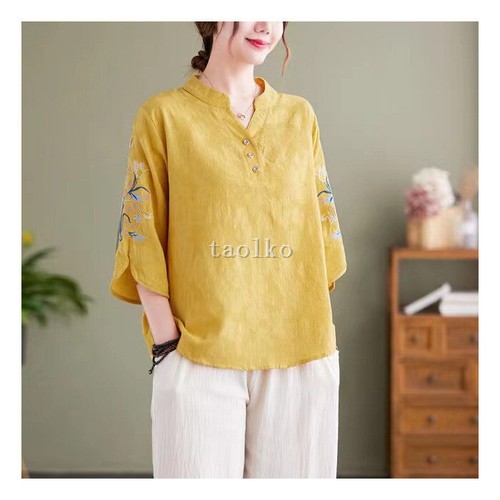 Women 3/4 Sleeve T Shirt Floral Embroidery Cotton Linen Blend Top Loose Fit Thin - Picture 26 of 27
