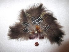 Huge Vintage Feather Rhinestone Hair Comb w/ Shell Brown Black White --Superb