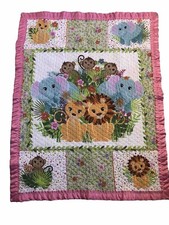 Jungle Safari Animals Baby Quilt Handmade 43  X 33  Pink Satin Ruffled Hem