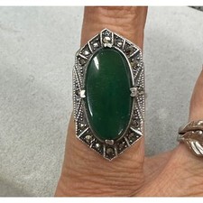 Vintage Sterling Silver Marcasite Jade Green Stone Ring Size 5