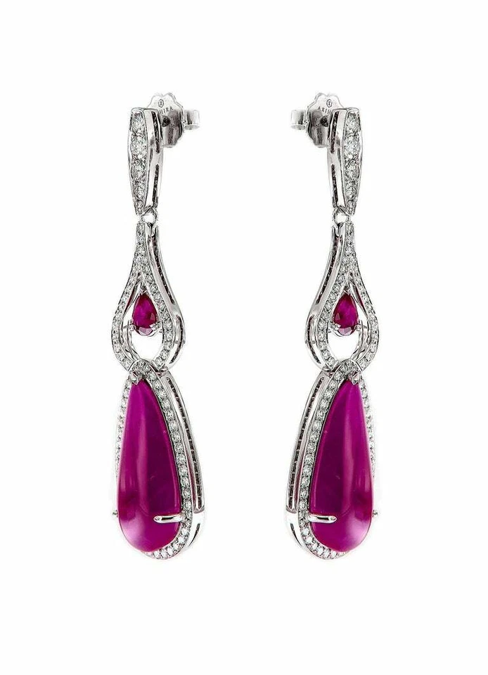 25.98CT Ruby Cabochon & 1.78CT Simulated Sapphires Drop Dangle Gorgeous Earring - Image 4 of 4