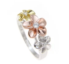 STERLING SILVER 925 TRICOLOR HAWAIIAN 8-10-8MM PLUMERIA FLOWER RING SIZE 3 - 10