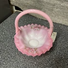 Vintage Fenton Glass Basket 6.5” Cranberry Pink Opalescent Painted Autographed