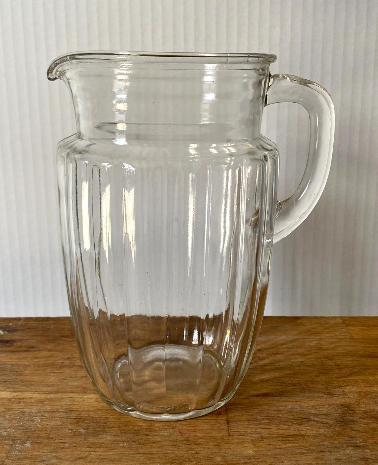 Vintage Ribbed Pressed Glass Pitcher – Clear, Mid-Century Style, Unmarked