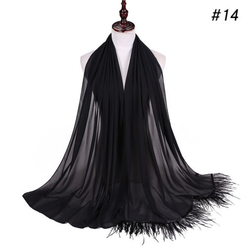 Women Chiffon Hijab Scarf Plain Feather Tassel Scarves Turban Shawls and Wraps - Picture 37 of 37