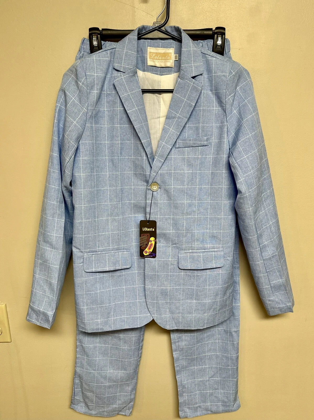 LOLANTA Boy’s Suit Wedding, Kid’s Suit Set, Plaid Light Blue- No tie sz. 170