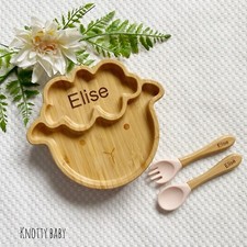 Personalisierte Lasergravur Bambus Rosa Schaf Baby F&uuml;tterplatte Set + Saugkraft
