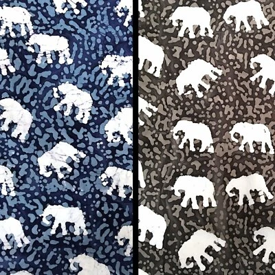 Mini Indian Elephants Batik Fabric 100% Cotton - In Blue & Grey - John Louden
