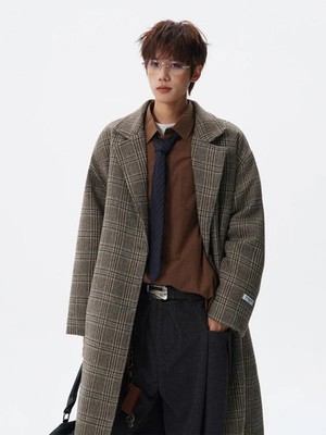 American Retro Thiened Woolen Coat Men's Loose Cotton Interlined Mid-Length Autu