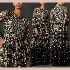 NWT Mac Duggal [ 6 ] 35161 Floral Embroidered Blouson Sleeve Gown Black #S1966