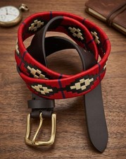 Hand Woven Leather Polo Belt Aztec Embroidered Red Cream Navy Brass Buckle