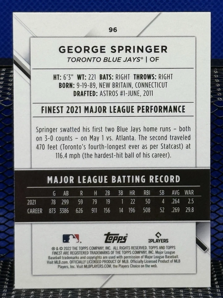 2022 Topps Finest GEORGE SPRINGER Toronto Blue Jays Base 96 - Image 2 of 2