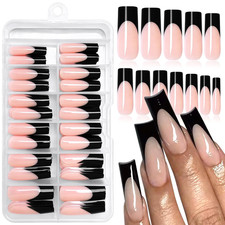 120Pcs Black French Tip Press on Nails, Long Nails Press Ons L-Black Tip Square
