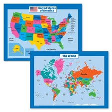 World Map and USA for Kids - 2 Poster Set - LAMINATED 18 x 24,