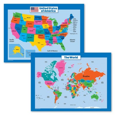 World Map and USA for Kids - 2 Poster Set - LAMINATED 18 x 24, 
