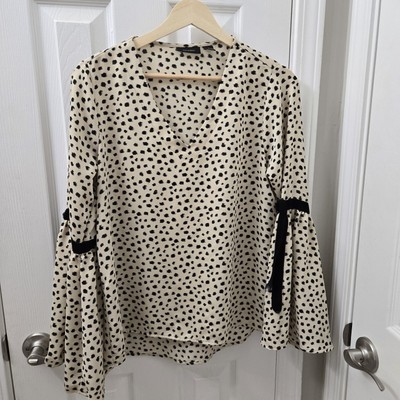 Halogen Peasant Top Womens XS Animal Print Beige Black Bell Sleeve Velvet Tie