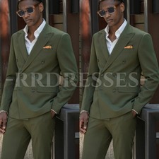Formal Men's Suit Party Business Jacket Tuxedo Double Breasted Army Green 2Pcs