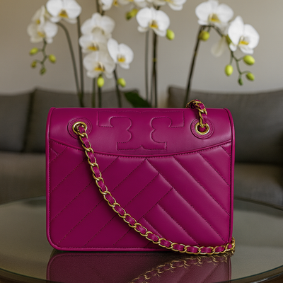 NEW Tory Burch Alexa Party Fuchsia Quilted Leather Medium Shoulder