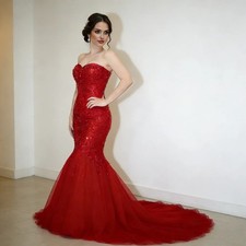 Glitter Sequined Red Mermaid Evening Dresses Court Train Sweetheart Prom Gowns