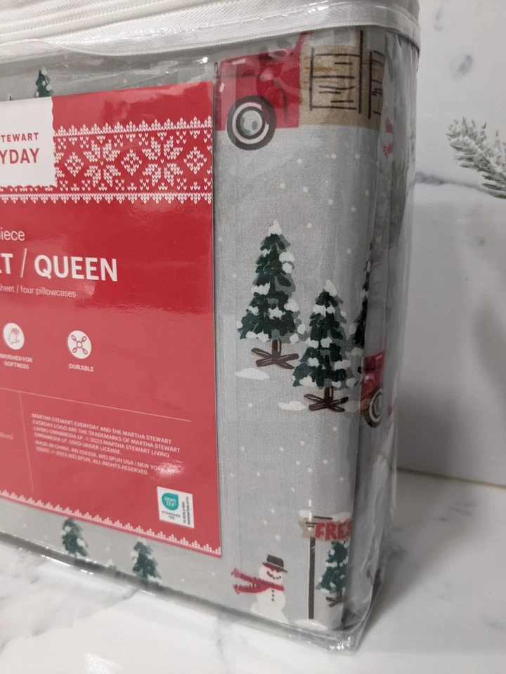 Conjunto de lençóis Rainha Martha Stewart árvores de Natal férias bonecos de neve 6 peças novo em pacote - Imagem 3 de 4