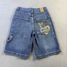 JNCO Jean Shorts Youth 14 Blue Denim Wide Leg Dragon Logo Embroidered Y2K Skater