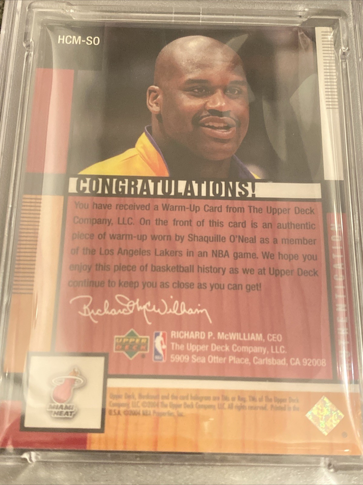 2004 UD Hardcourt Shaquille O’Neal Hardcourt materials Shaquille Worn Patch PSA view 2