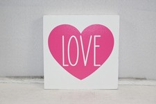 Wooden Home Decor Sign 5"X1"X5" NEW Pink Heart On White "LOVE"
