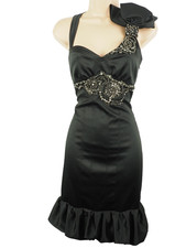 Karen Millen Black Satin Dress Size 10 Bodycon Fishtail Jewel Bodice BNWOT