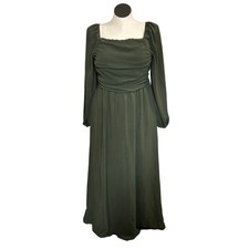 Olive Green Square Neck Ruched Long Sleeve Maxi Dress Women's XL