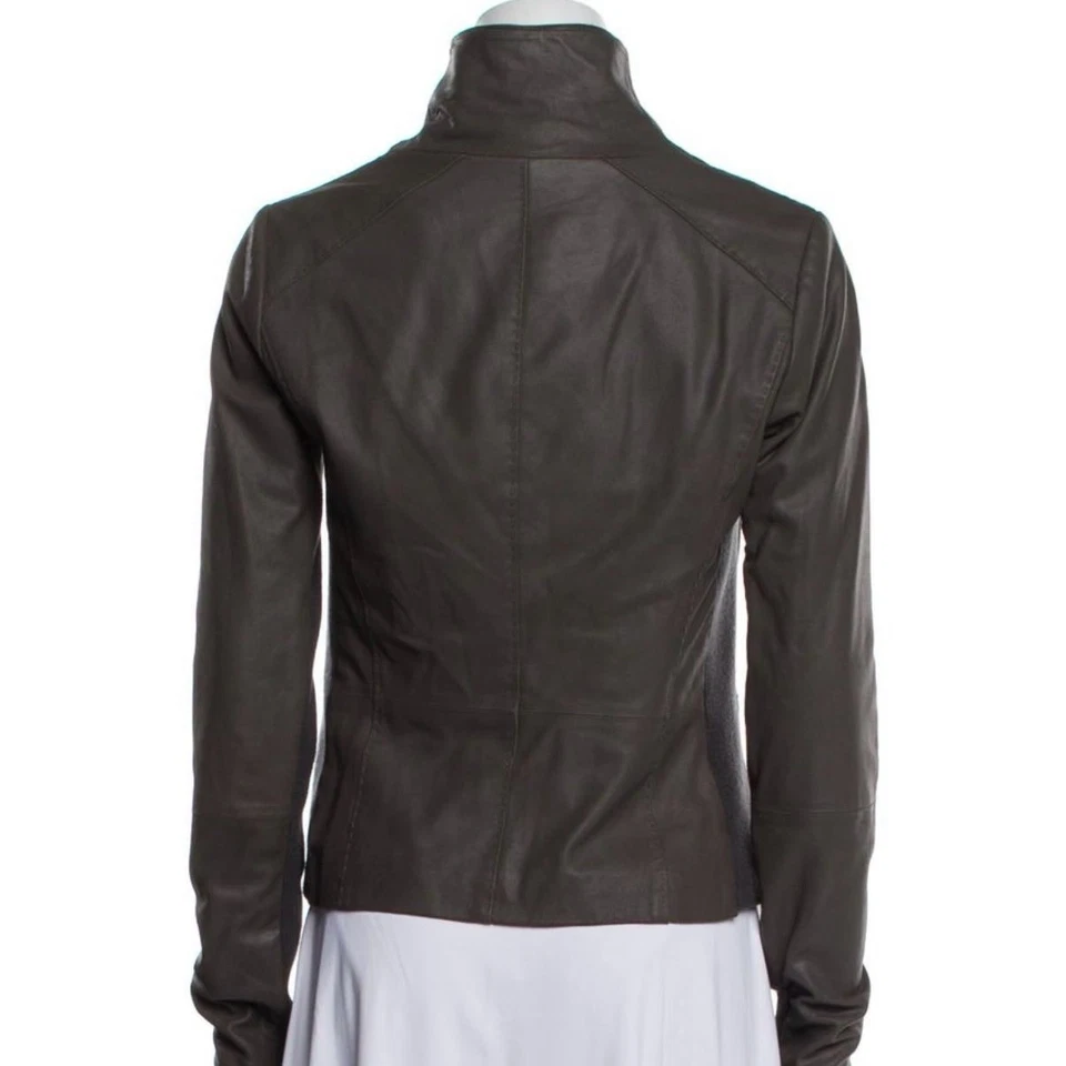 $995 Mujer VINCE Buceo Marrón Oscuro/Taupe Cuero de Cabra Moto Chaqueta Talla Pequeña S Foto 2 de 3