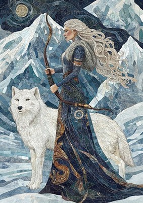 Skadi nordische Wintergöttin weißer Wolf Mosaik Wandbild Kunstdruck Wikinger Deko AL08