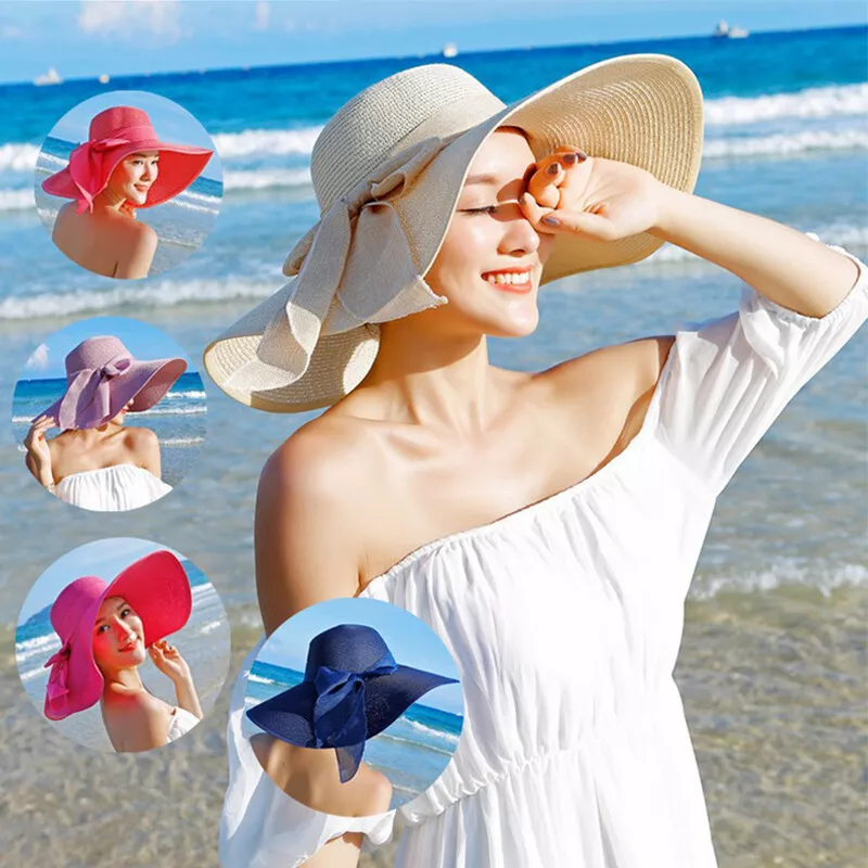 Sun Hat Women Colorful Big Brim Straw Bow Hat Sun Floppy Wide Brim Hats  Beach Cap Hats For Women Straw Hot Pink