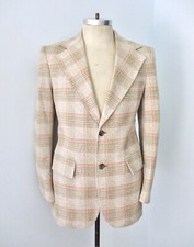 Vtg 70s Taupe Orange Green Plaid Poly Knit Disco Pimp Vegas Blazer Jacket 38