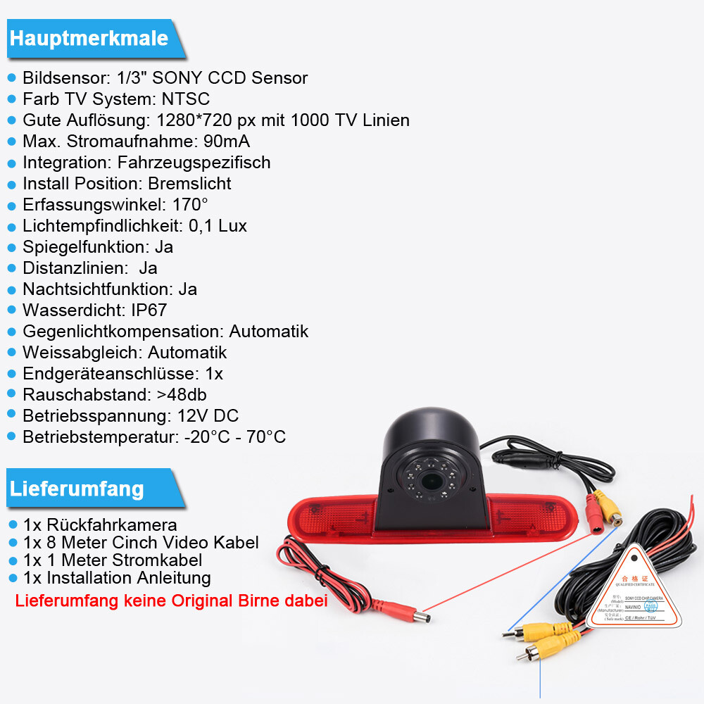 7 Zoll Rückfahrkamera Set Für FIAT Doblo & Opel Combo – Inkl. Monitor, Bremsleuchten-Kamera, Einfache Montage
