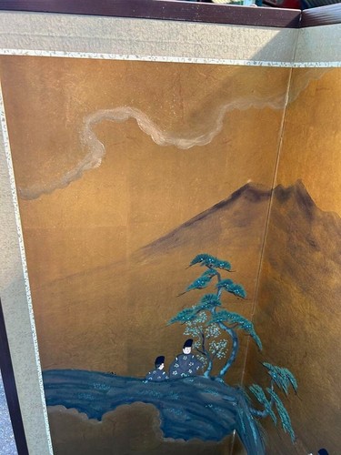 Antique Japanese Byobu Folding Screen Ox Cart & Mountain Scene Gold Leaf Style - Picture 11 of 20
