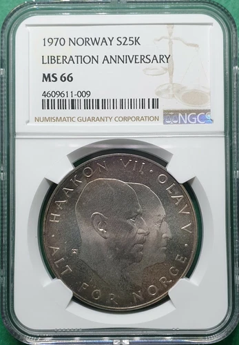 1970 NORWAY 25 KRONER SILVER LIBERATION ANNIVERSARY TONED NGC MS 66