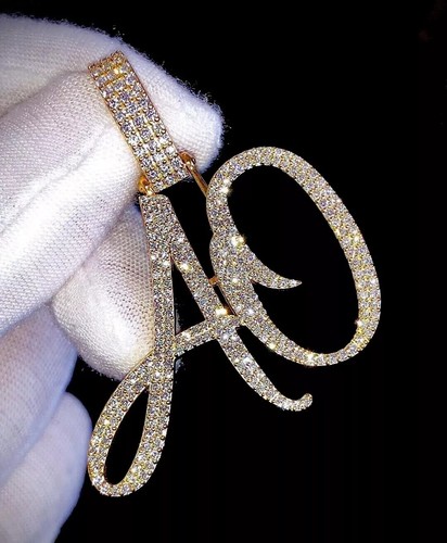 2Ct Round Cut Real Moissanite "AO" Initial Letter Pendant 14K Yellow Gold Plated