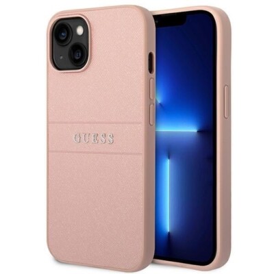 Original Guess Saffiano Stripe Metal Logo Impact Case Cover iPhone 14 Pink