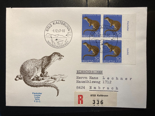 Schweiz 1967 R-FDC 4er-Block 50 Fischotter Pro Juventute Ortsstempel Kaltbrunn