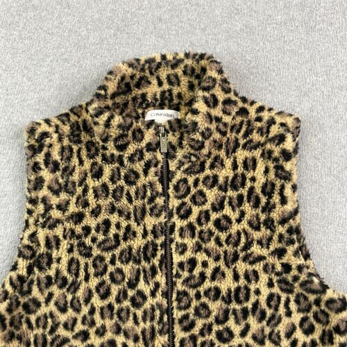 Calvin Klein Vest Womens Medium Full Zip Sherpa Fleece Soft Leopard Print City - Picture 2 of 15