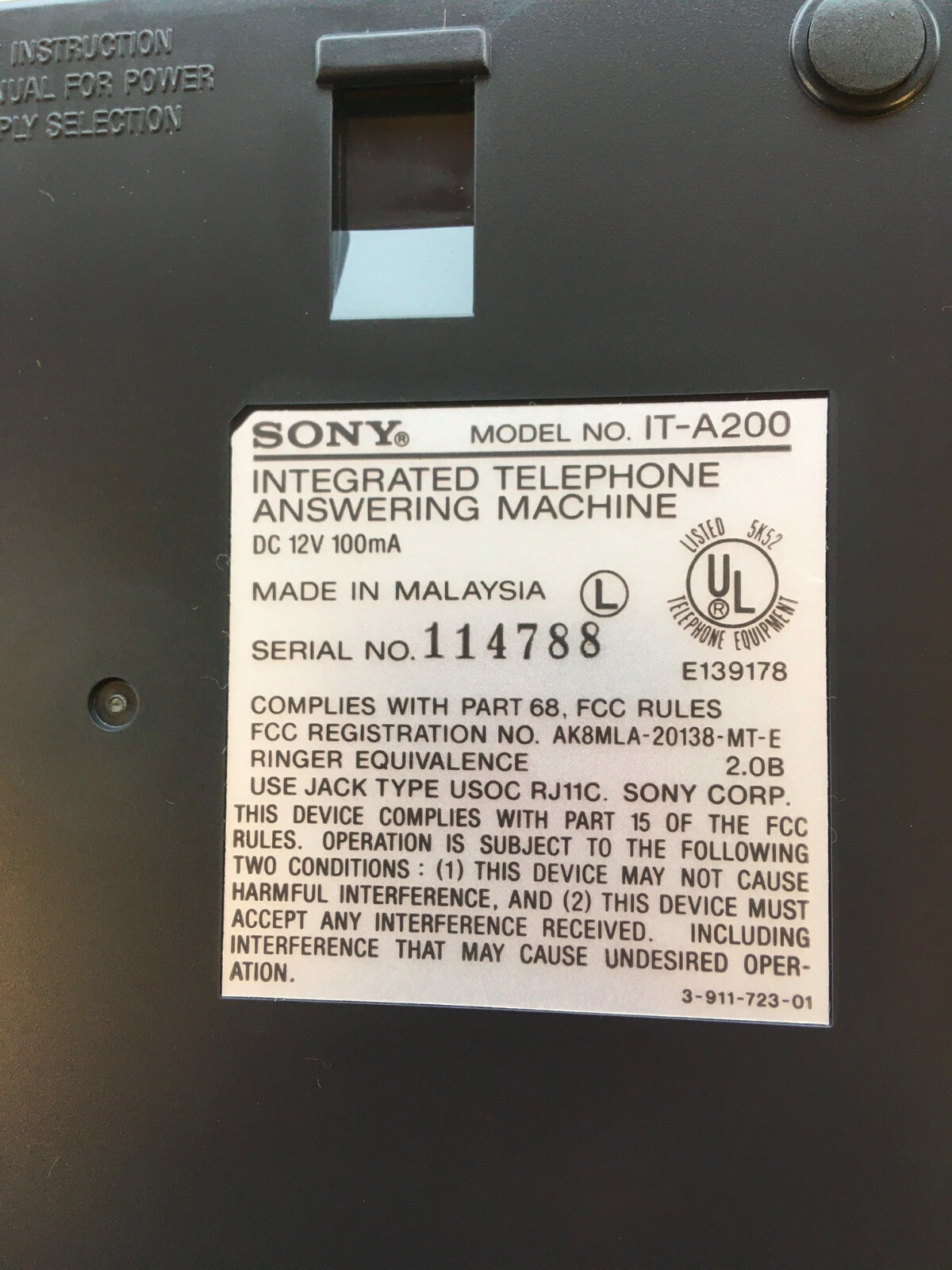 Sony Telephone Land Line ITA200 w/ Integrated Answering Machine Black