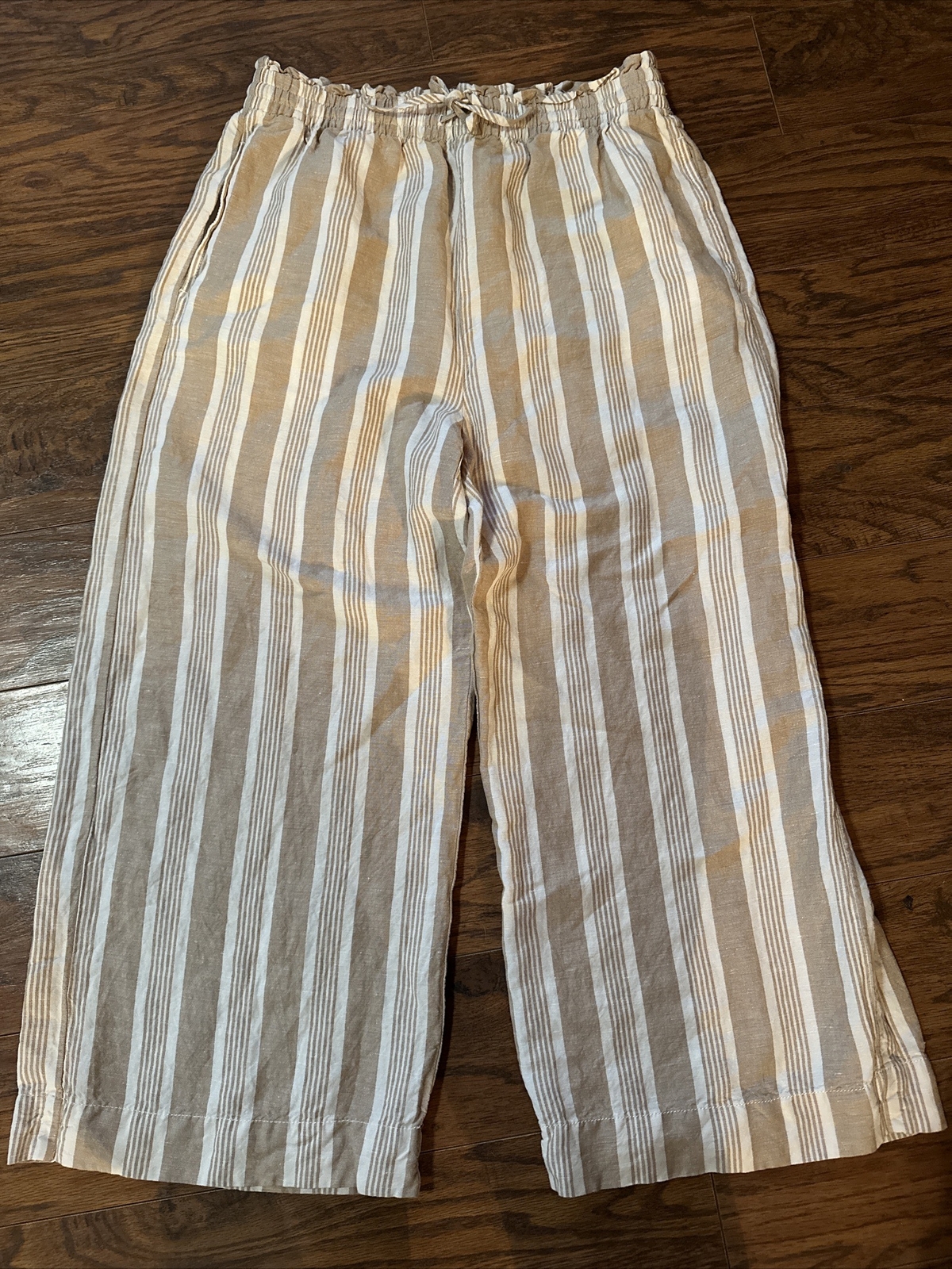 Madewell Linen Blend Cropped Elastic Waist Wide Leg Striped Pants Women's S