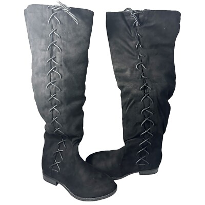 CHARLOTTE RUSSE WIDE KNEE HIGH BLACK LACE UP BOOTS (2) Shoes Footwear