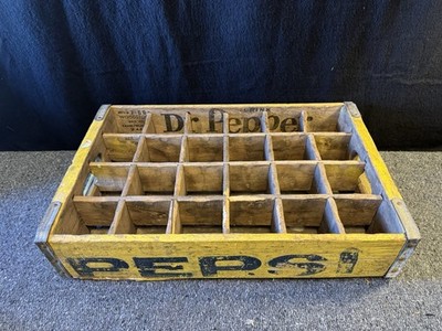 Vtg Pepsi Wooden 24 Bottle Crate, Yellow w/Blue Writing & Dr Pepper On Inside
